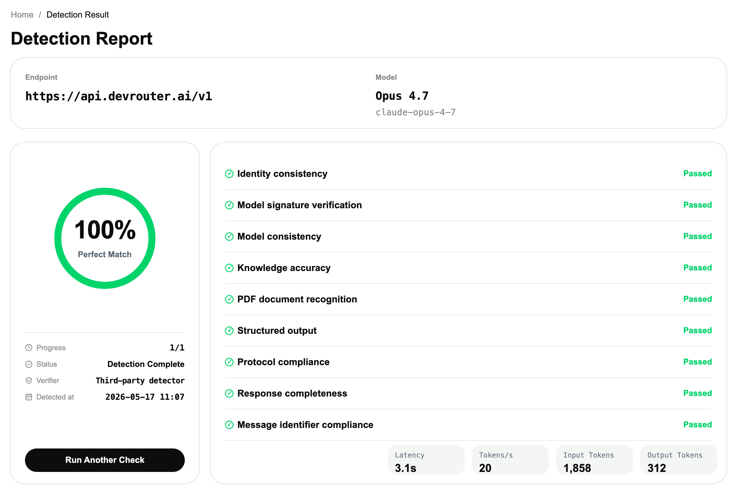 Sanitized AI detection report screenshot showing a 100% perfect match and multiple passed checks
